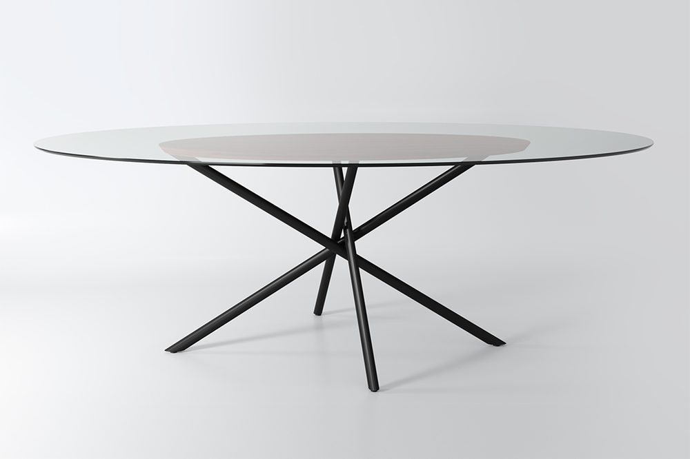 Axis oval glass-top dining table with a black star-leg base