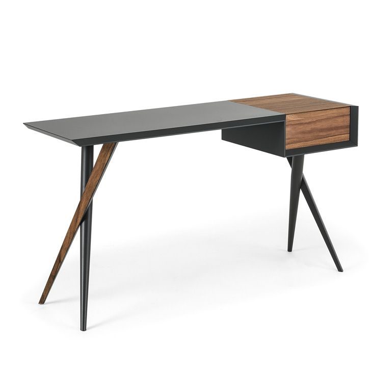 Draft Work Table with a wood drawer and angled steel legs