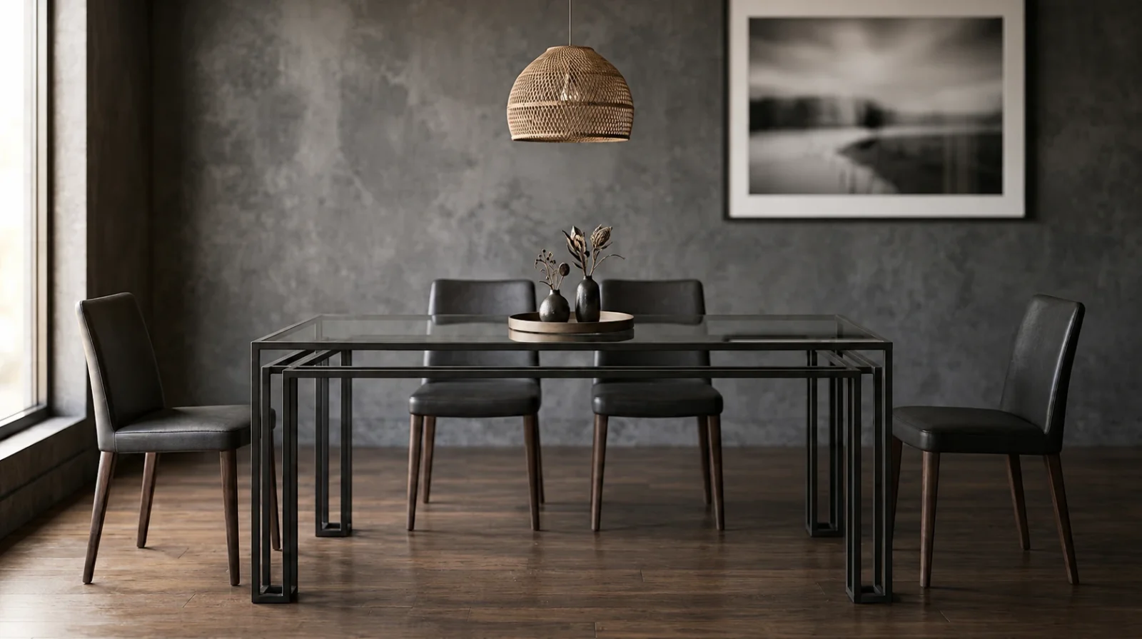 The Foundry Dining Table against a concrete wall with dark leather chairs