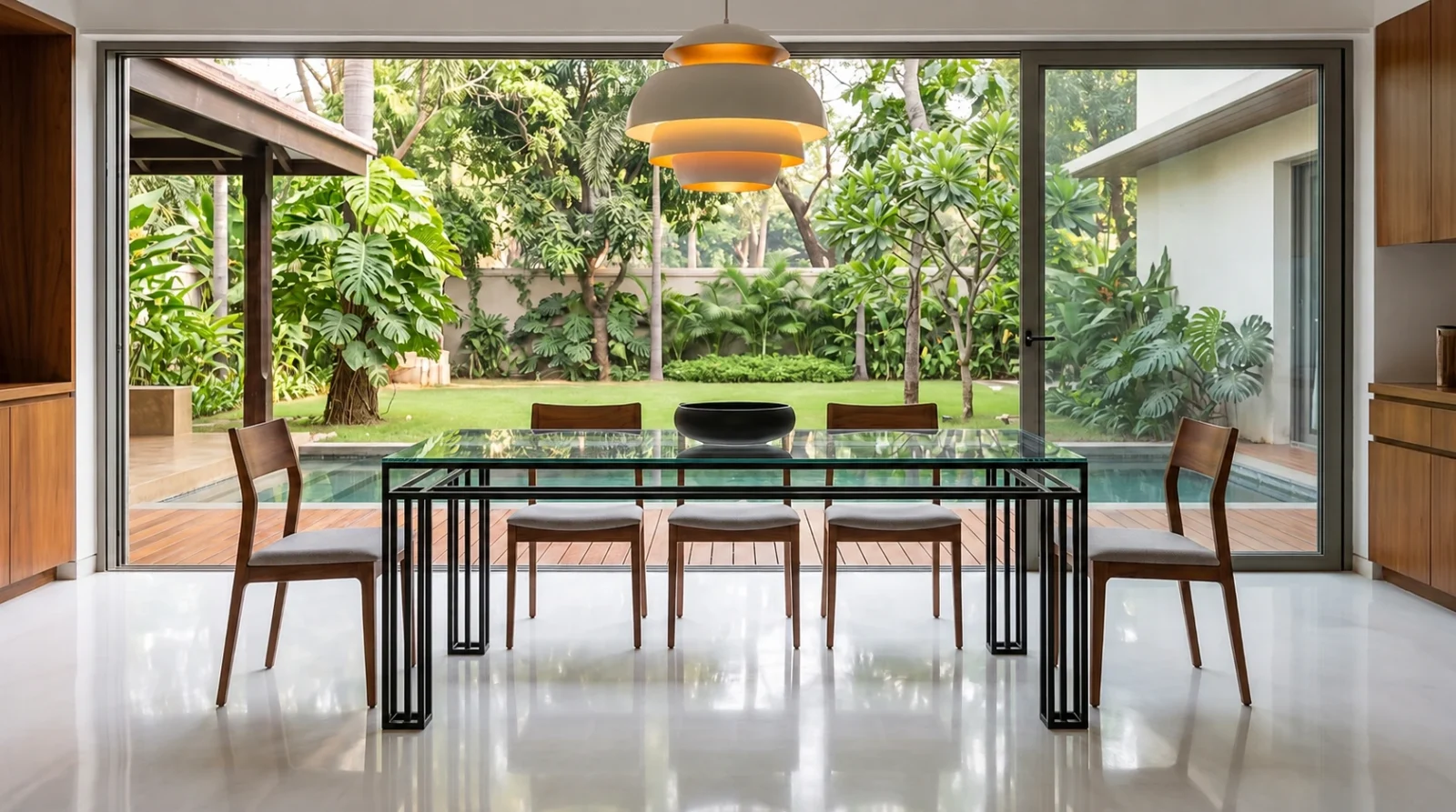 The Foundry Dining Table in a room opening onto a garden and pool