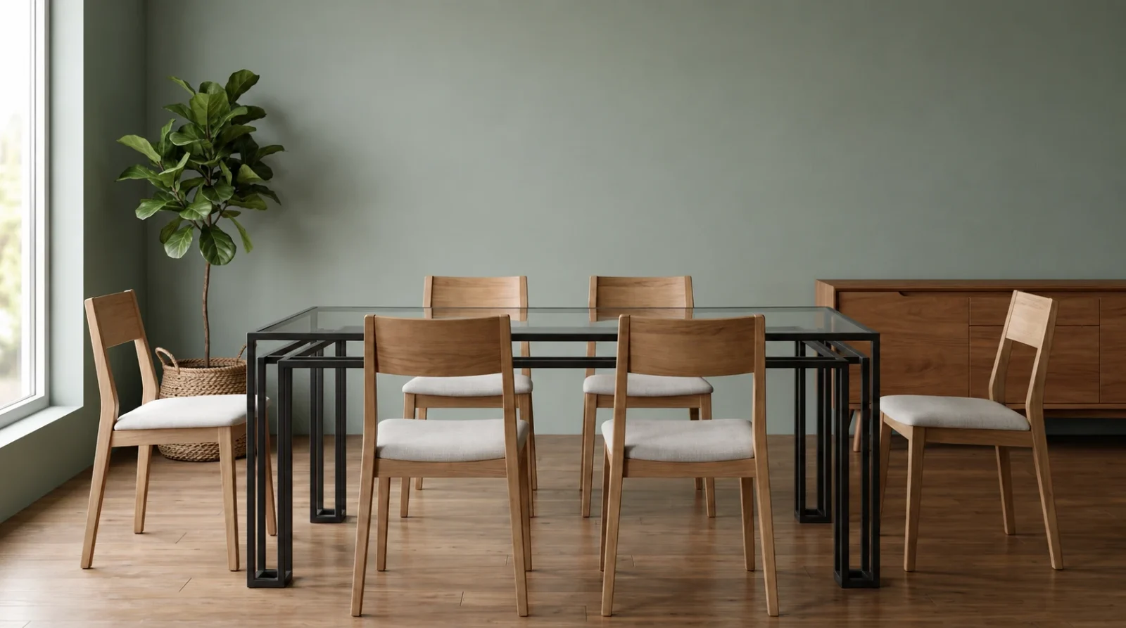 The Foundry Dining Table with oak chairs in a room with a sage green wall