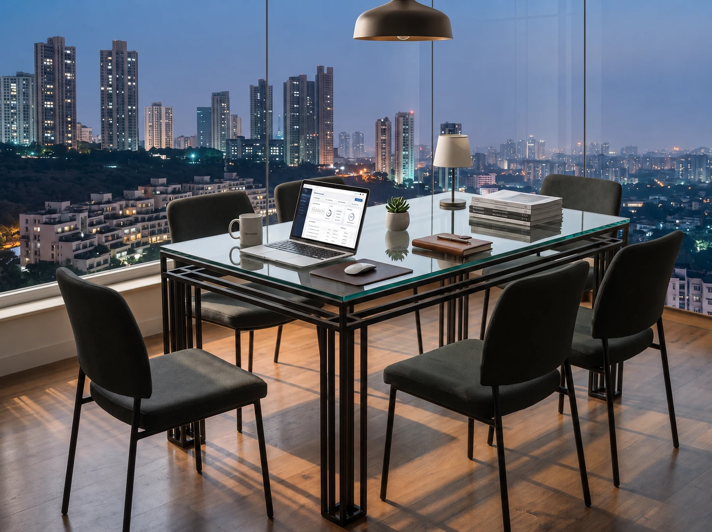 The Foundry Dining Table in a city apartment at dusk, set up as a work table