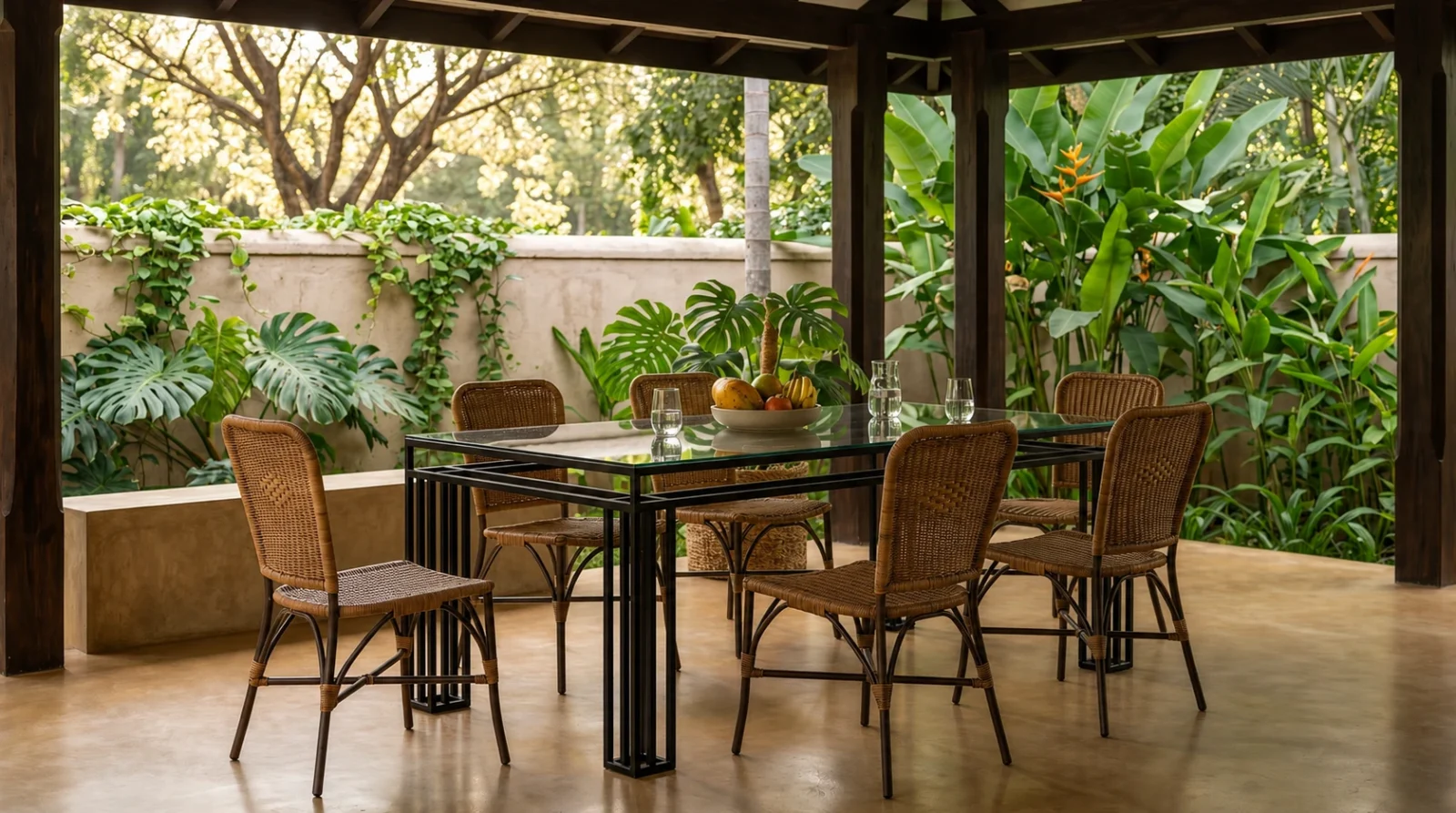 The Foundry Dining Table on a covered patio with woven chairs and tropical planting
