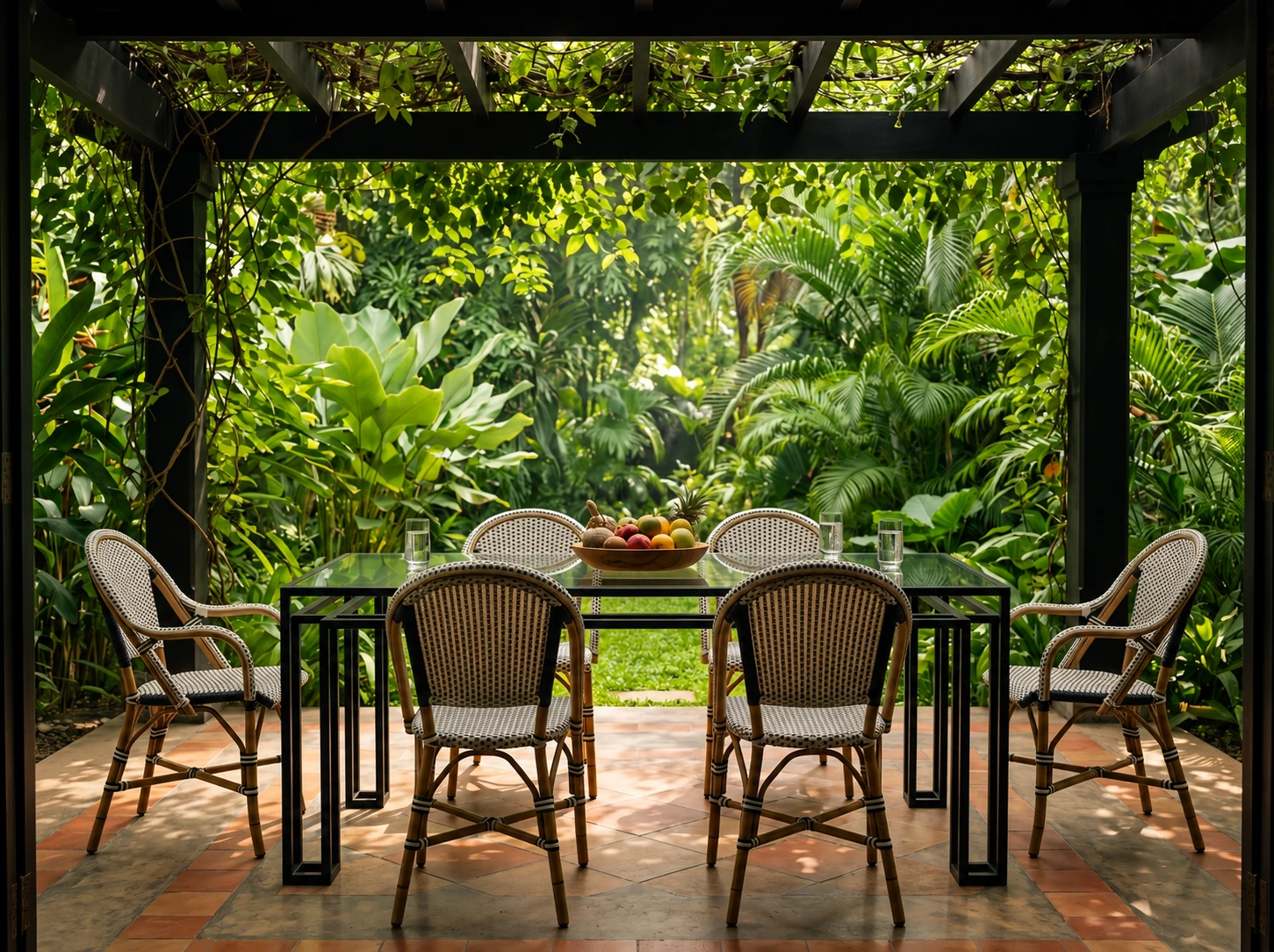 The Foundry Dining Table under a garden pergola with rattan chairs