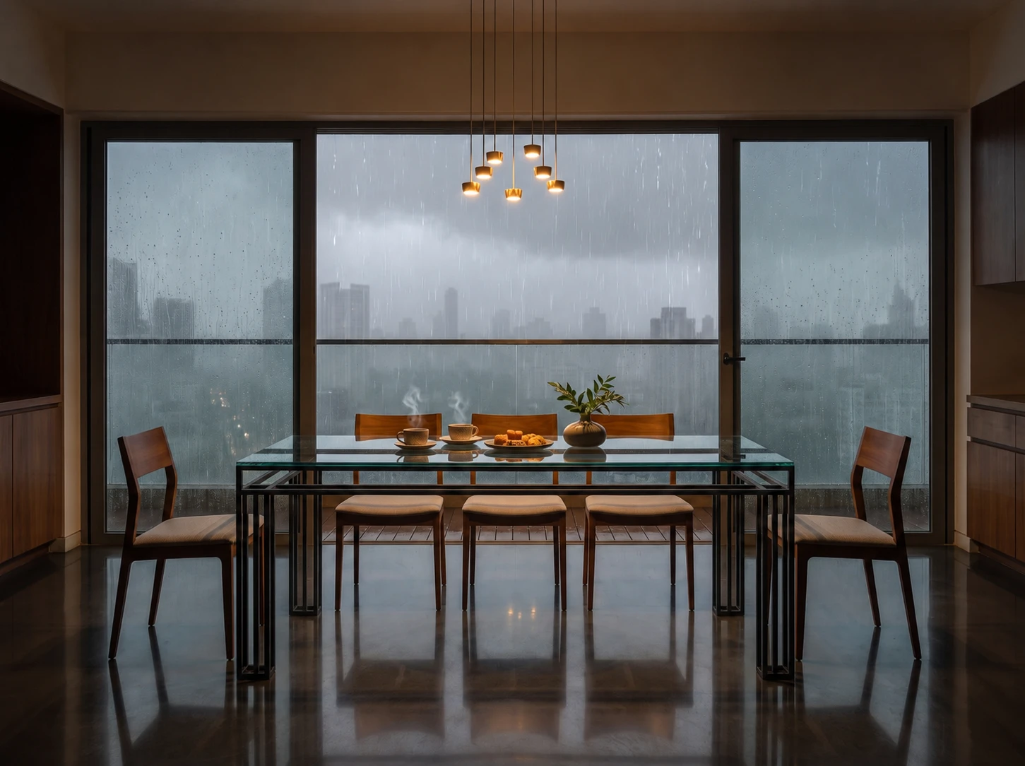 The Foundry Dining Table laid for tea in front of a rain-streaked window