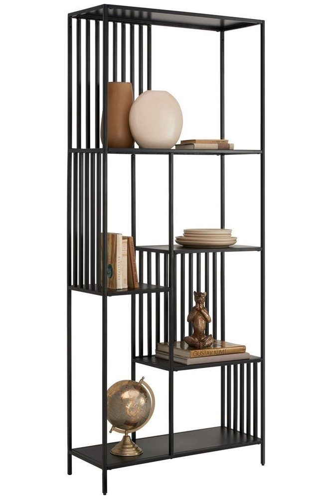 Ledger Bookshelf, a black bar-frame bookshelf with staggered shelves