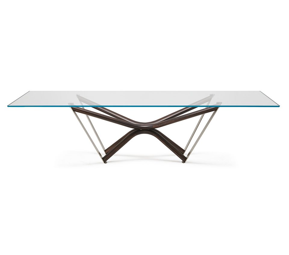 Meridian Dining Table with a glass top and sculpted legs